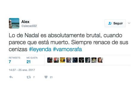 @alecadi92 apoya a Rafa Nadal en Twitter