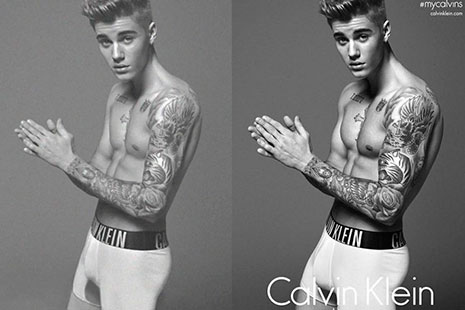 Justin Bieber en una campaña de Calvin Klein en la que aparece la foto original y la photoshopeada, en la que está musculoso