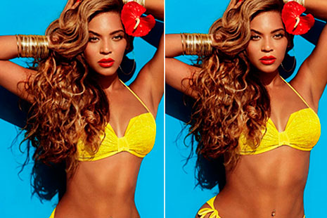 Primer plano de Beyoncé con bikini amarillo en dos fotos iguales, pero la de la izquierda con la cintura visiblemente más estrecha