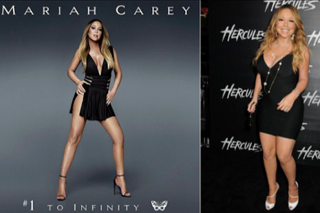 Portada de un disco de Mariah Carey y, al lado, fotografía de la cantantye de cuerpo entero.