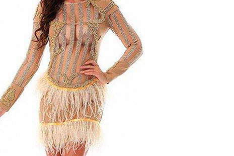 Vestido con plumas y transparencias