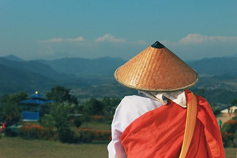 Persona con sombrero típico japonés mirando un paisaje nipón