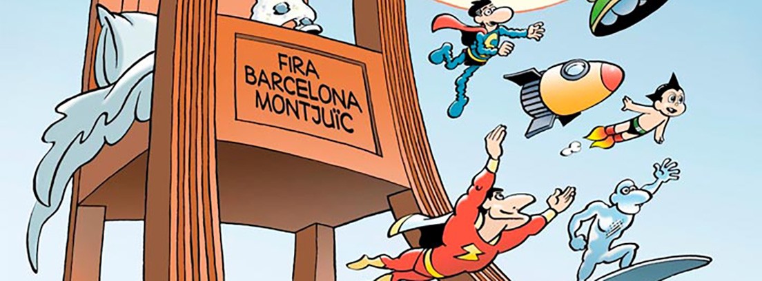 Salón del Cómic Barcelona 2018 36 edición Ilustración tipo comic con muchos personajes varios en torno a una edificio central