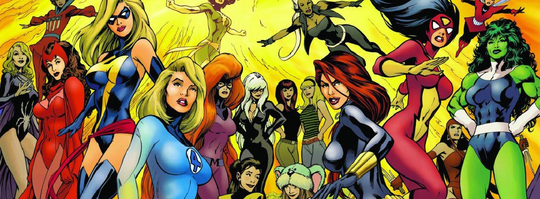 Ilustración con varios personajes femeninos de Marvel
