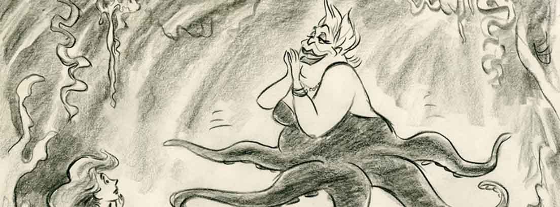 Boceto de Úrsula y Ariel de la Sirenita en la exposición Disney 80 años de magia en la exposición Disney Caixaforum Madrid
