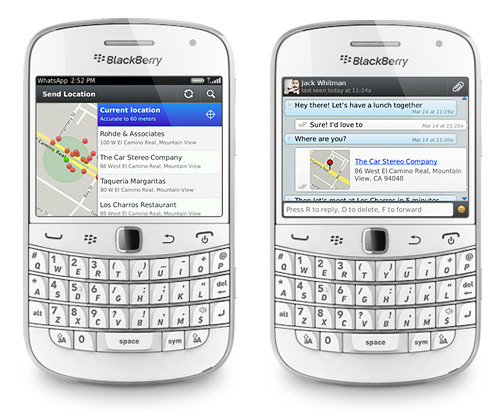 Compartir la ubicación a través del Blackberry Terminal Blackberry con OS donde muestra cómo comparte ubicación por whatsapp con un contacto
