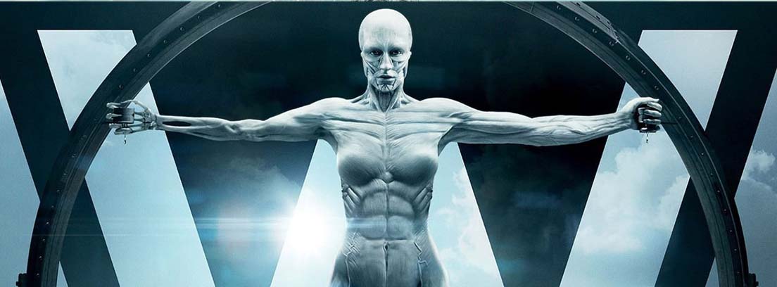 Cartel de la serie Westworld Cartel de la serie Westworld con un androide de apariencia humana con los brazos extendidos sobre una letra W