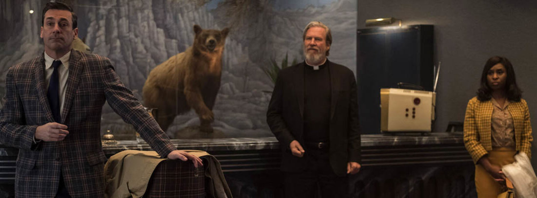 Escena película Malos tiempos en el Royale Jeff Bridges Cynthia Erivo y Jon Hamm en Malos Tiempos en El Royale